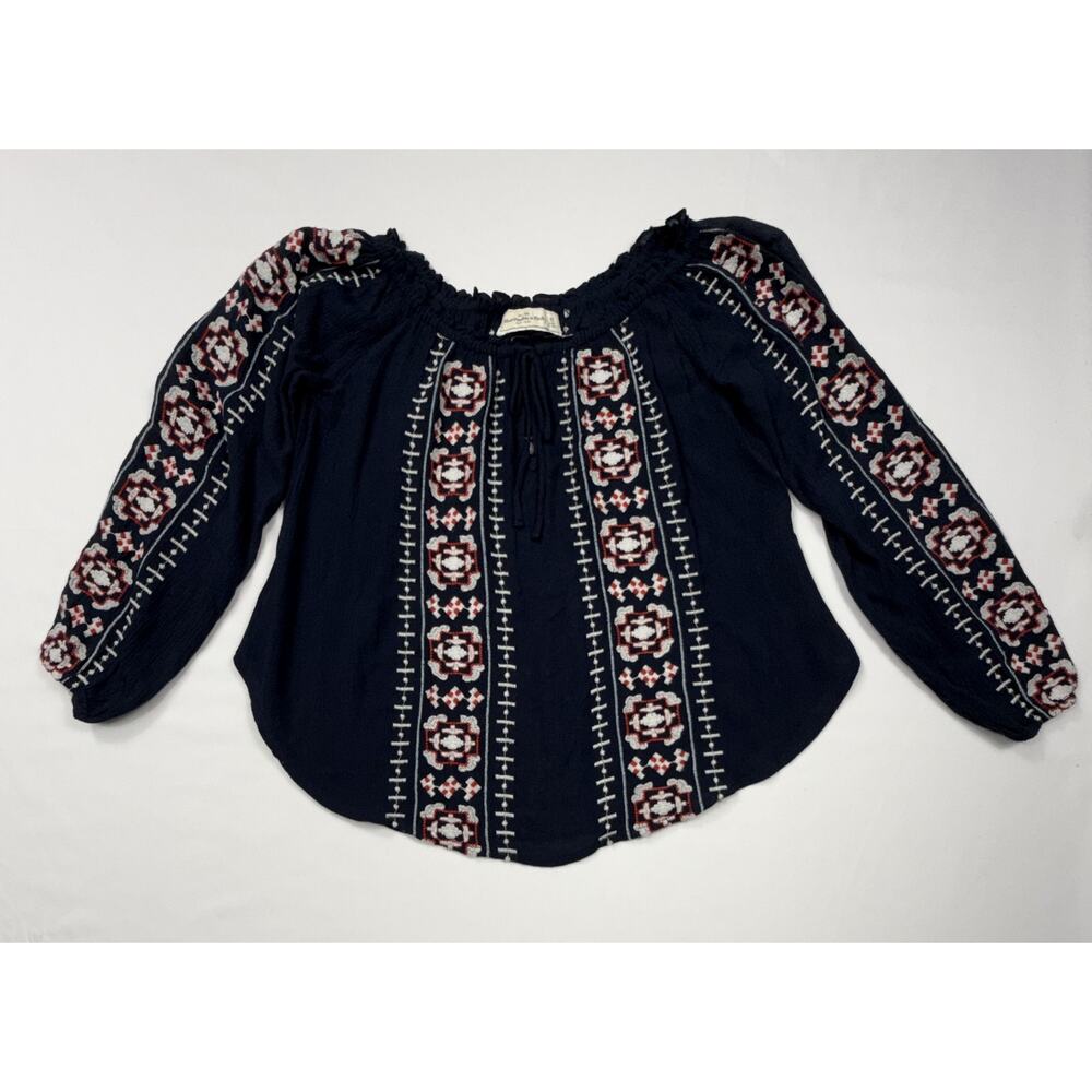 Abercrombie & Fitch navy blue XS boho top white and red embroidered long sleeves - Picture 2 of 10